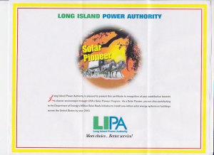 LIPA solar pioneer certificate